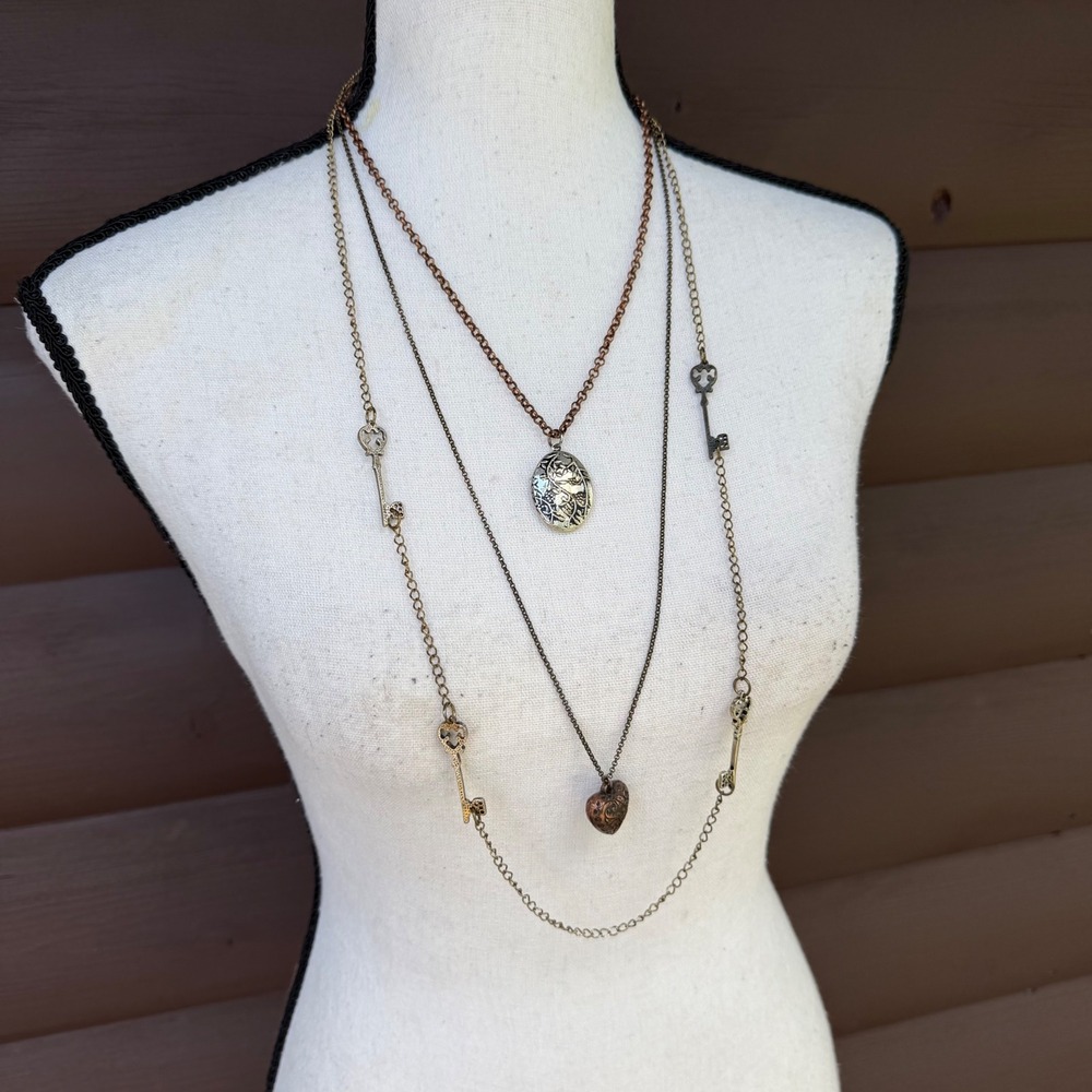 Whimsigoth Skeleton Key Layered Necklace Heart Locket Bronze Steampunk 20"